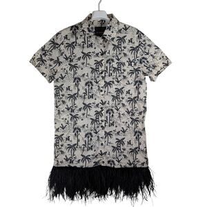 Le Superbe Palms Trees Jungle Cats Animals Camp Feather Fringe Dress Women Sz 4